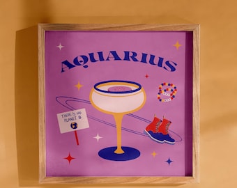 Aquarius Cocktail Poster Preppy Pink Prints Decorative Retro Print Trendy Wall Art Astrology Gifts Zodiac Sign Posters Astro Star Signs Gift