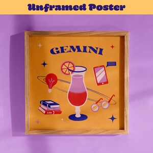 Gemini Zodiac decoratieve poster astrologieposter barwagen wordt afgedrukt Preppy kamerdecor Barwagen decor cocktailmuurkunst retro cocktailprint