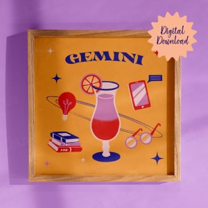 Tweelingen teken astrologie muur kunst sterrenbeelden vierkante kunst print cocktails printables bar muur decor dopamine kleuren downloadbare kunst print
