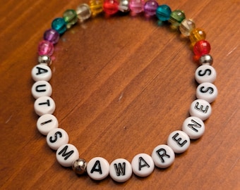 Autism Awareness Beaded Bracelet – Handmade Rainbow Stretch Bracelet with Letter Beads – Support Autism Jewelry Gift