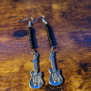 Electric Guitar Dangle Earrings with Black Beads – Rock Music Jewelry Gift