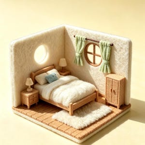Puede incluir: Un diorama de dormitorio en miniatura hecho de fieltro y madera, que presenta una cama con ropa de cama blanca, una pequeña almohada azul, dos mesitas de noche con lámparas, un armario de madera, una ventana circular con cortinas verdes y una alfombra blanca.