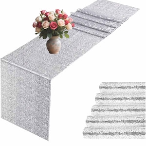 6 pack Silver Sequin Table Runner 12x71 Inch, Glitter Sparkle Table Decor for Wedding, Birthday, Holiday, Party, Banquet Decoration//ZP0160