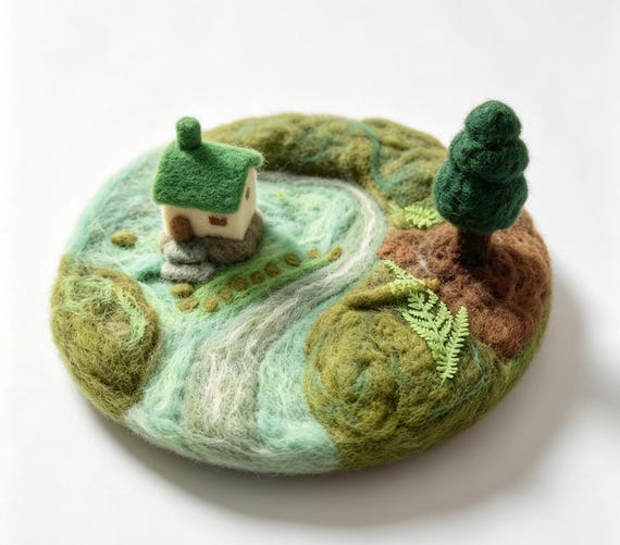 A needle-felted wool miniature cottage with a river scene packed into a 4-inch diorama — absurdly detailed tiny world that a real person spent hours making.