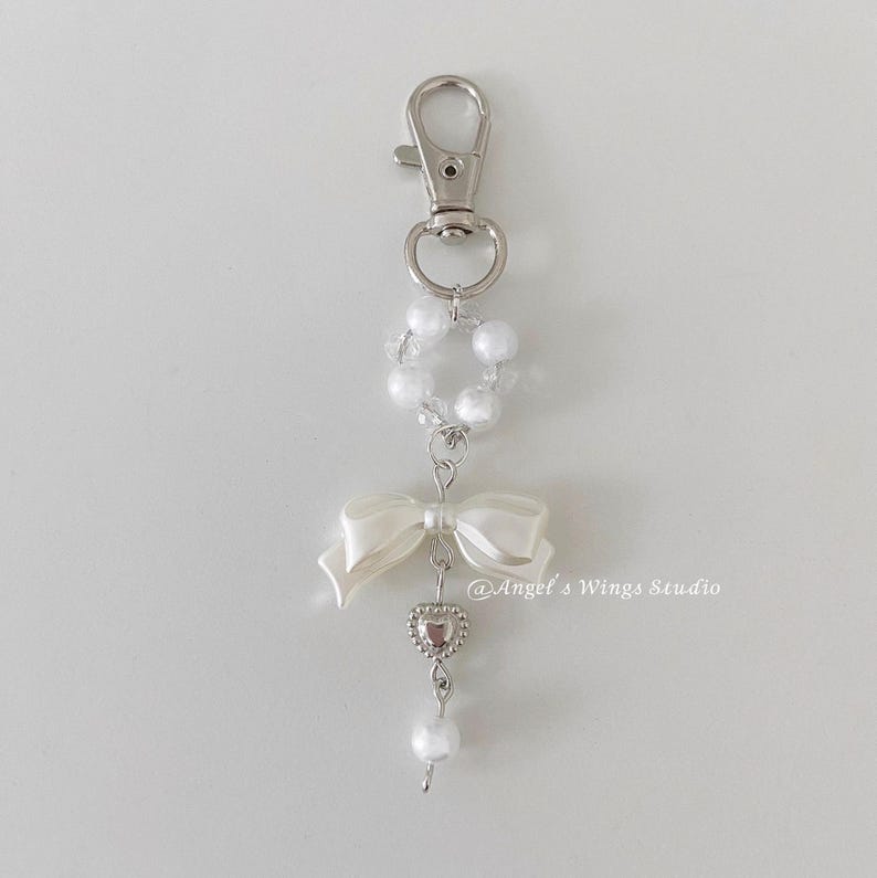Pearly Coquette Elegant Handmade Aesthetic Keychain. White Ribbon ...
