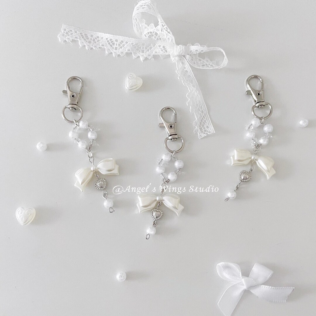 Pearly Coquette Elegant Handmade Aesthetic Keychain. White Ribbon ...