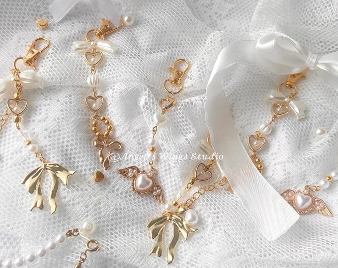 Fit for Royalty Regency Inspired Elegant Gold Keychain Collection, Aesthetic Coquette Handmade Golden Pearl Ribbon Heart Beaded Jewelry