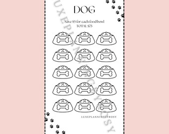 Może przedstawiać: Drukowalna karta z czarno-białą ilustracją 15 misek dla psa. Tekst "DOG" znajduje się na górze karty. Tekst "Save $5 for each food bowl" i "TOTAL $75" znajduje się pod ilustracją. Tekst "LUXEPANNINGSYROSY" znajduje się na dole karty.