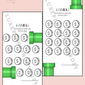 Puede incluir: Dos rastreadores de ahorro blancos con temática de juegos con monedas con signos de dólar y tuberías pixeladas verdes. Uno dice "Gaming Ahorra $10 por cada moneda TOTAL $140". El otro dice "Gaming Ahorra $20 por cada moneda TOTAL $320".