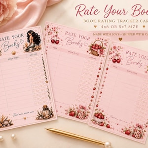 May include: Three rectangular light pink book rating tracker cards with the text Rate Your Books. Each card features a grid for date, book title, and rating, decorated with illustrations of mermaids, seashells, cherries, and strawberries.