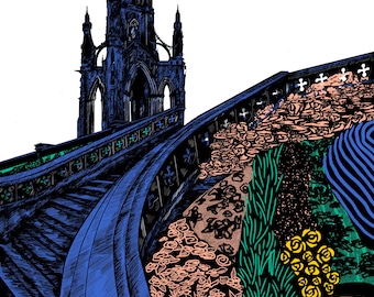 Impression d&#39;illustration du monument Scott d&#39;Édimbourg avec cadre