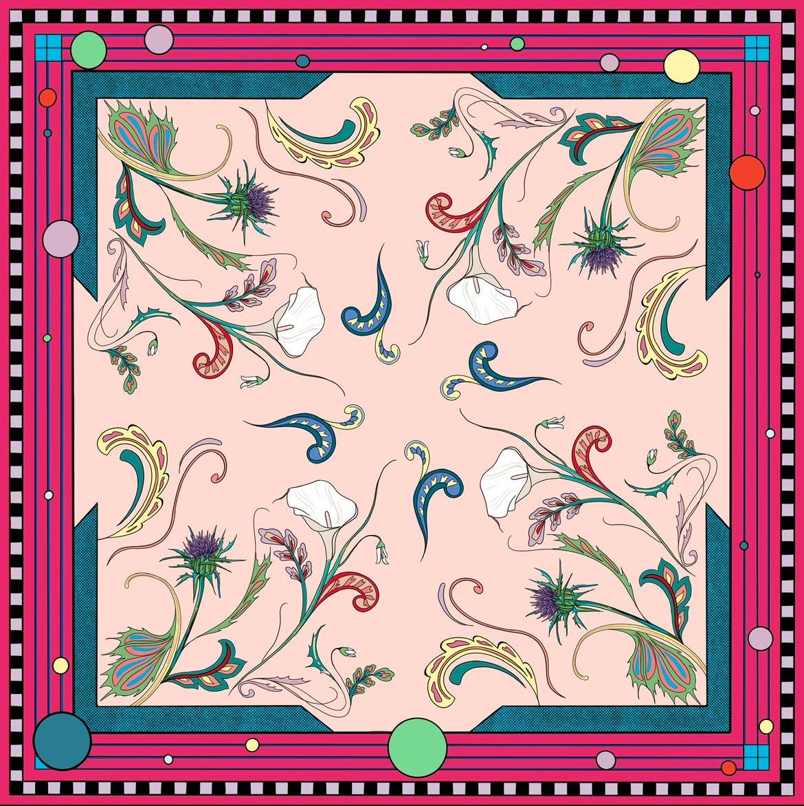 Écharpe en coton illustrée de fleurs de chardon et de lys