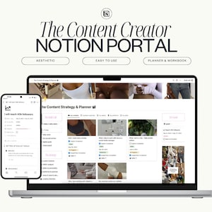 May include: A laptop computer displaying a Notion workspace with the title "The Content Strategy & Planner". The workspace is divided into sections with headings like "The Daily Life", "My Content", "Content Calendar", and "Goals". The workspace also includes images and text.
