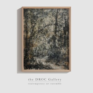 May include: A framed abstract painting depicting a forest scene in shades of black, brown, and white. The painting has a textured surface and a light, airy feel.
