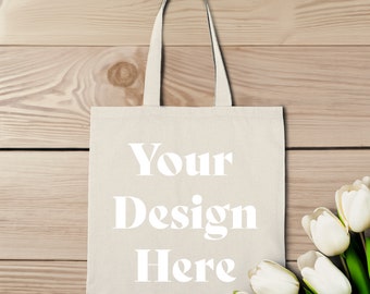 Maqueta de tote, maquetas de bolsas de compras, maqueta de tote de compras, lienzo natural, maqueta, tulipanes, descarga digital, JPG