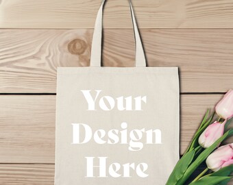 Maqueta de tote, maquetas de bolsas de compras, maqueta de tote de compras, lienzo natural, maqueta, tulipanes, descarga digital, JPG