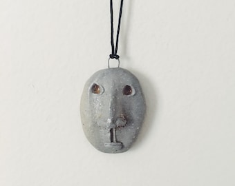 Handmade Face Pendent Necklace, hand formed organic clay face, ceramic beads, Ceramic Face long necklace