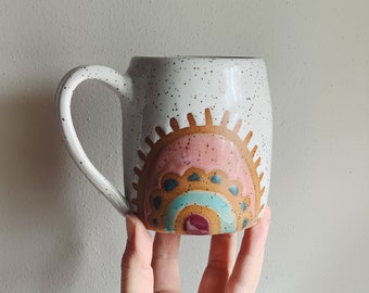 Multicolor Rainbow Ceramic Mug, white coffee cup with rainbow design, speckled white pottery wheel thrown white coffee mug