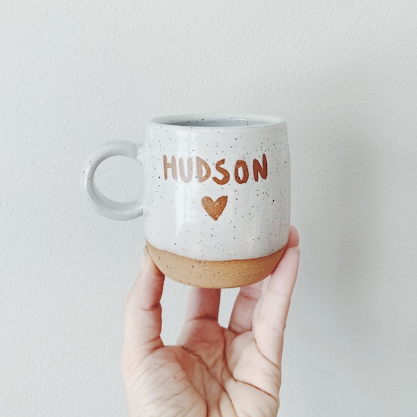 PREORDER: Custom Child's Mug - custom white speckled mug mini ceramic mug with child's name, white pottery baby gift personalized coffee cup