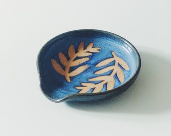 Blue Garden Ceramic Spoon Rest, handmade spoon holder wheel thrown pottery spoon rest stovetop spoon rest ceramics modern pottery