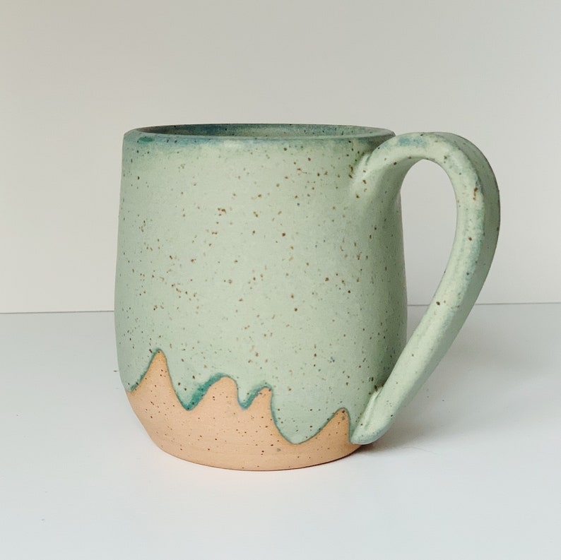 Pistachio Green Ceramic Mug, wheel thrown coffee mug, stoneware speckled pottery mug scalloped cloud design green mug image 3