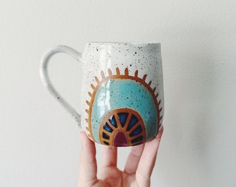 Multicolor Rainbow Ceramic Mug, white coffee cup with rainbow design, speckled white pottery wheel thrown white coffee mug