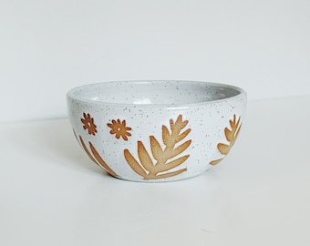 Ceramic Garden Bowl, white ceramic bowl, white bowl with wax resist leaf design, pottery bowl, ceramic cereal bowl ice cream bowl