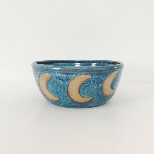 Ceramic Blue Moon Bowl, blue pottery bowl with crescent moon wheel thrown cereal bowl, stoneware ceramic bowl ice cream bowl