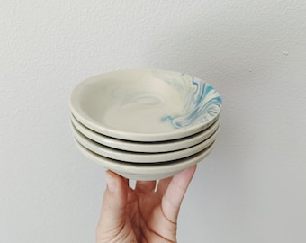 Set of 4 Ceramic Sauce Bowls, snack bowls, pottery set of ceramic bowls for dipping sauces, ceramic ramekins white marbled blue prep bowls