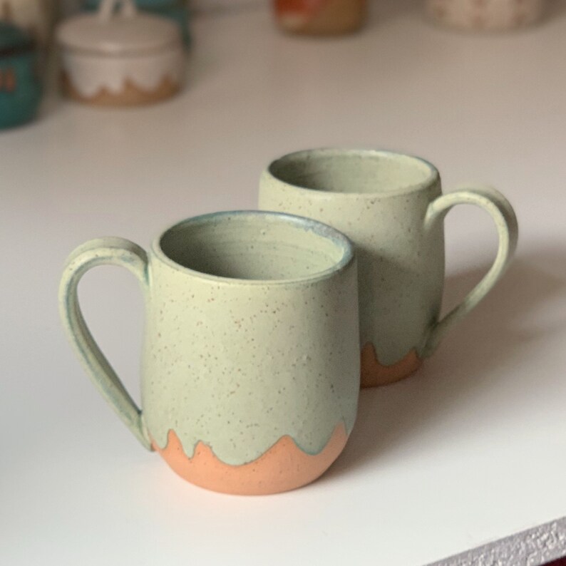 Pistachio Green Ceramic Mug, wheel thrown coffee mug, stoneware speckled pottery mug scalloped cloud design green mug image 6