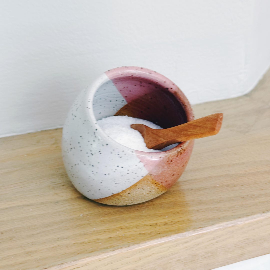 Pink "Salt Pig" and Wooden Spoon Set, ceramic salt cellar, bowl and scoop bowl and spoon, pink speckled pottery bowl and spoon