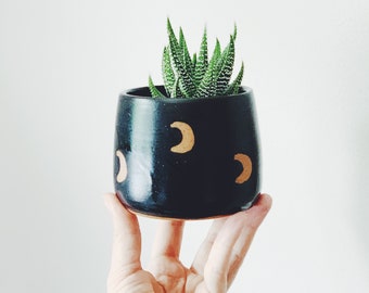 Black Moon Planter - speckled planter black ceramic plant pot crescent moon design, black stoneware flower pot with wax resist