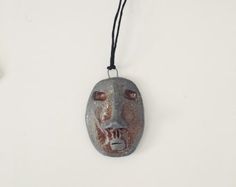 Handmade Face Pendent Necklace, hand formed organic clay face, ceramic beads, Ceramic Face long necklace