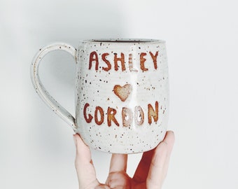 Wedding coffee mug - custom white speckled mug ceramic mug with wedding date, white pottery mug bride groom gift personalized coffee cup