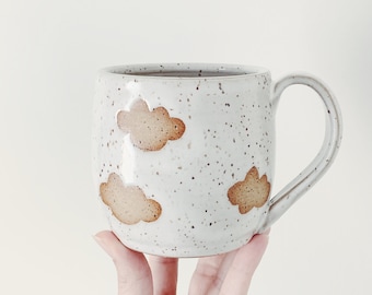 Floating Clouds Ceramic Mug, speckled handmade mug ceramic coffee cup, white ceramic mug, speckled mug cloud pattern