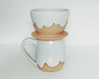 White Cloud Ceramic Coffee Pour Over Set, handmade ceramic coffee cone, white pottery drip coffee, speckled coffee dripper scalloped pattern