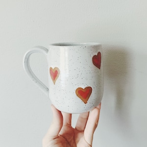 Queen of Hearts Mug - speckled white ceramic mug hearts, valentines white and red stoneware coffee mug wax resist hearts