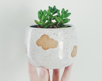 Floating Clouds Planter - speckled planter white ceramic plant pot clouds design, white stoneware flower pot with wax resist clouds