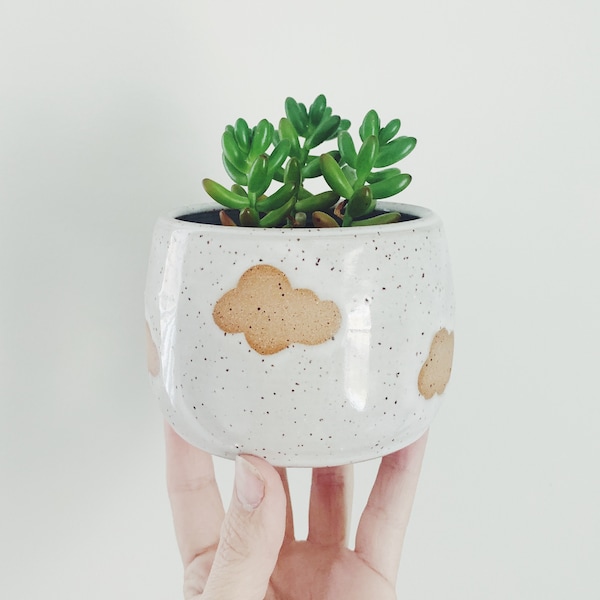 Floating Clouds Planter - speckled planter white ceramic plant pot clouds design, white stoneware flower pot with wax resist clouds