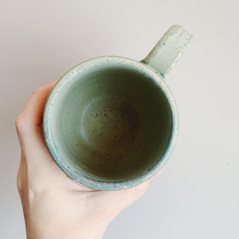 Pistachio Green Ceramic Mug, wheel thrown coffee mug, stoneware speckled pottery mug scalloped cloud design green mug image 5