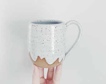 White Ceramic Cloud Mug, speckled handmade mug ceramic coffee cup, white mug, speckled mug featured on Etsy Blog Liz Aldag