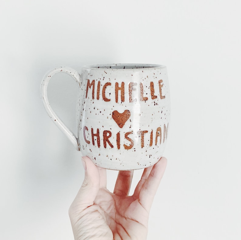 Wedding coffee mug custom white speckled mug ceramic mug with wedding date, white pottery mug bride groom gift personalized coffee cup image 6