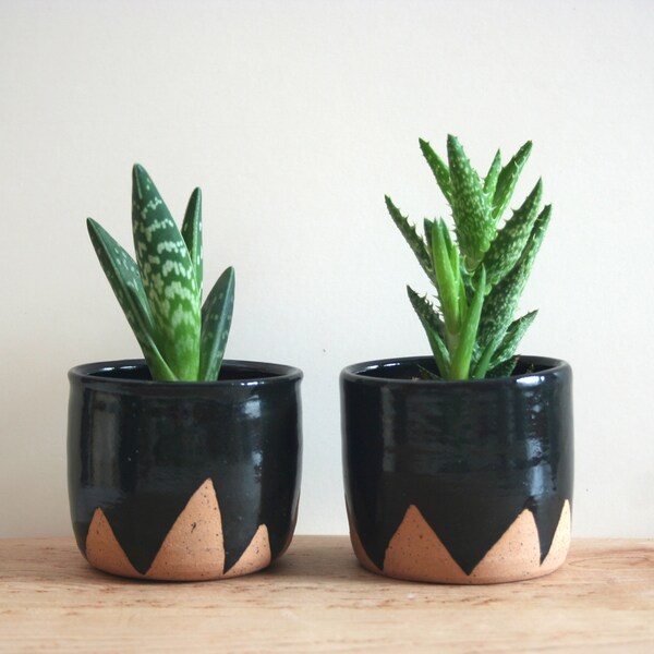 Black Mountain Planters - set of two small speckled planters, black ceramic plant pot triangle zigzag geometric design, stoneware flower pot
