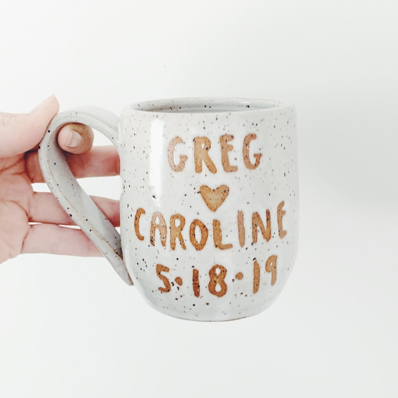 Wedding coffee mug custom white speckled mug ceramic mug with wedding date, white pottery mug bride groom gift personalized coffee cup image 5