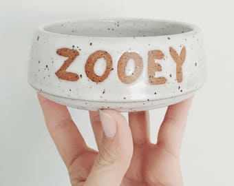 PREORDER: Customized Cat Bowl, white ceramic cat food bowl, white bowl with wax resist cat name, pottery bowl, custom ceramic pet bowl