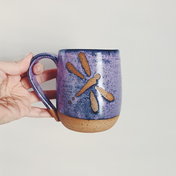 Purple Dragonfly Ceramic Mug, wheel thrown coffee mug, purple stoneware ceramic speckled pottery mug with dragonfly pottery mug
