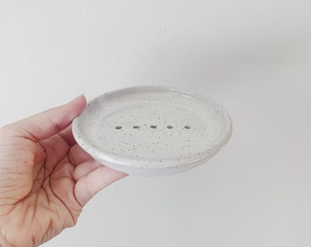 White Ceramic Soap Dish, Soap holder with drainage holes, wheel thrown pottery, shallow soap dish, white ceramics, handmade pottery