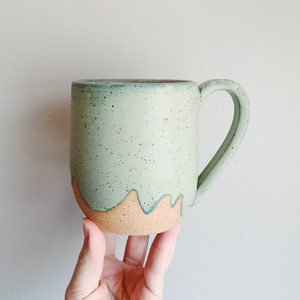 Pistachio Green Ceramic Mug, wheel thrown coffee mug, stoneware speckled pottery mug scalloped cloud design green mug image 2