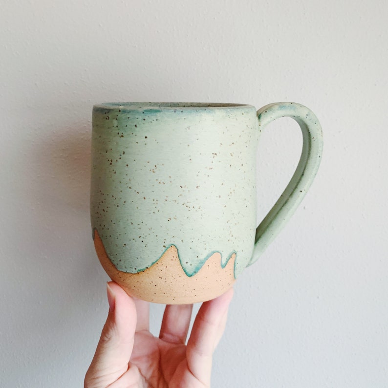 Pistachio Green Ceramic Mug, wheel thrown coffee mug, stoneware speckled pottery mug scalloped cloud design green mug image 2