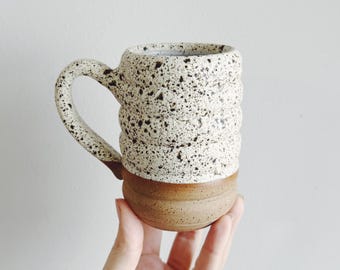 Super Speckled Ridge Ceramic Mug, coffee cup with brown speckles, speckled white pottery wheel thrown white coffee mug